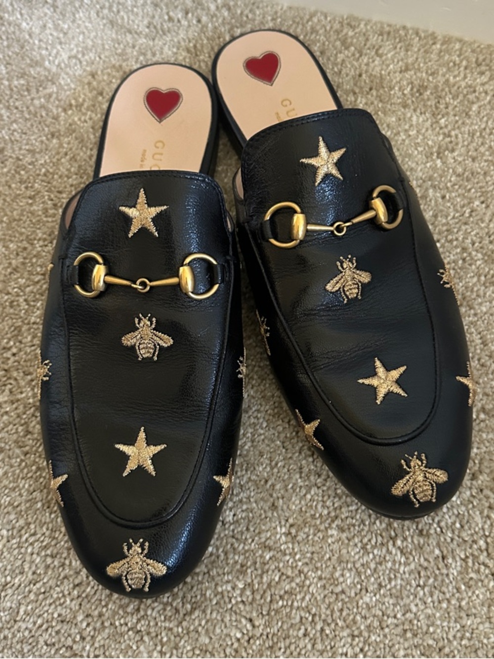 Gucci Black Leather Embroidered Bee & Star Horsebit Mules